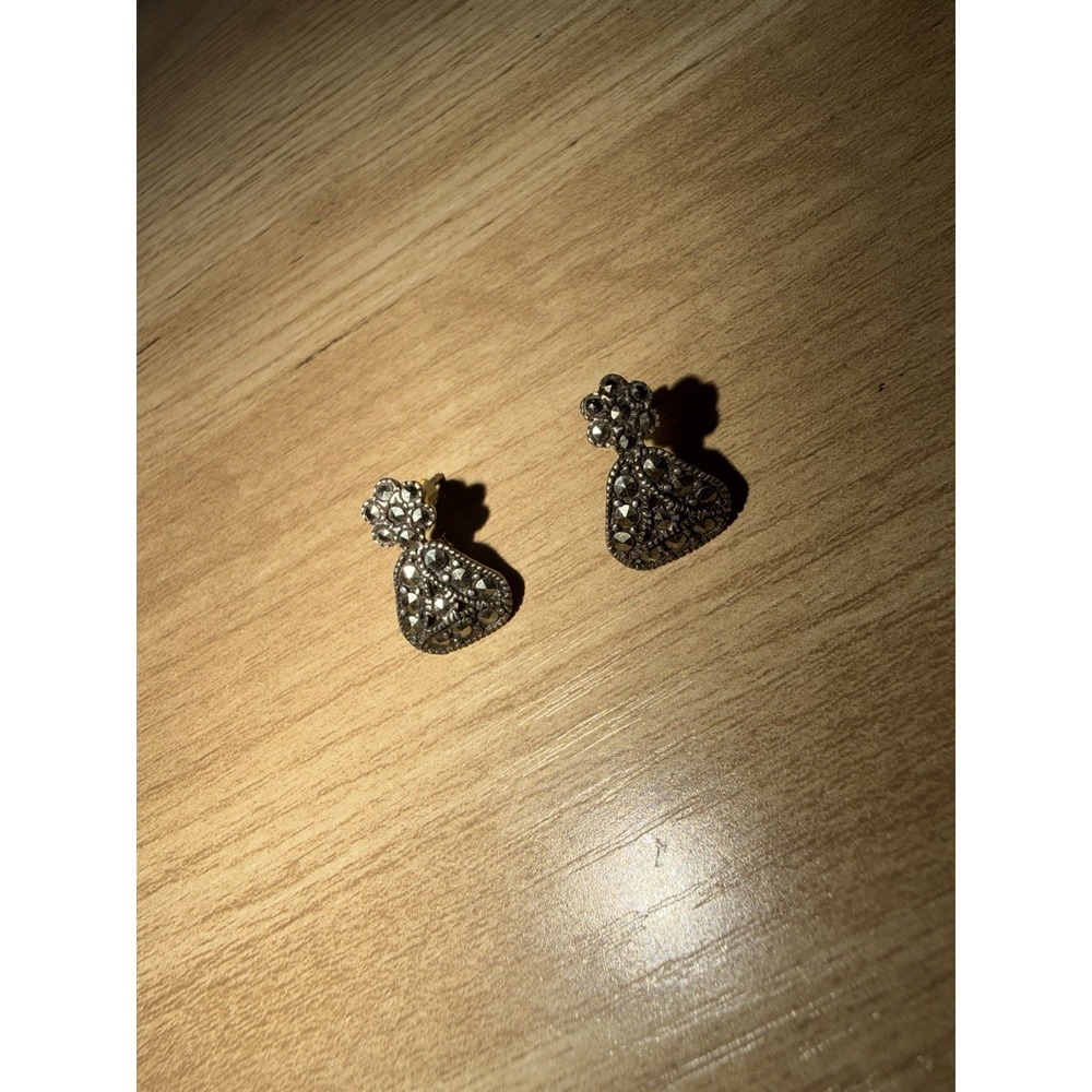 Vintage Sterling Silver 925  Marcasite‎ Earrings Pierced Triangle Stud